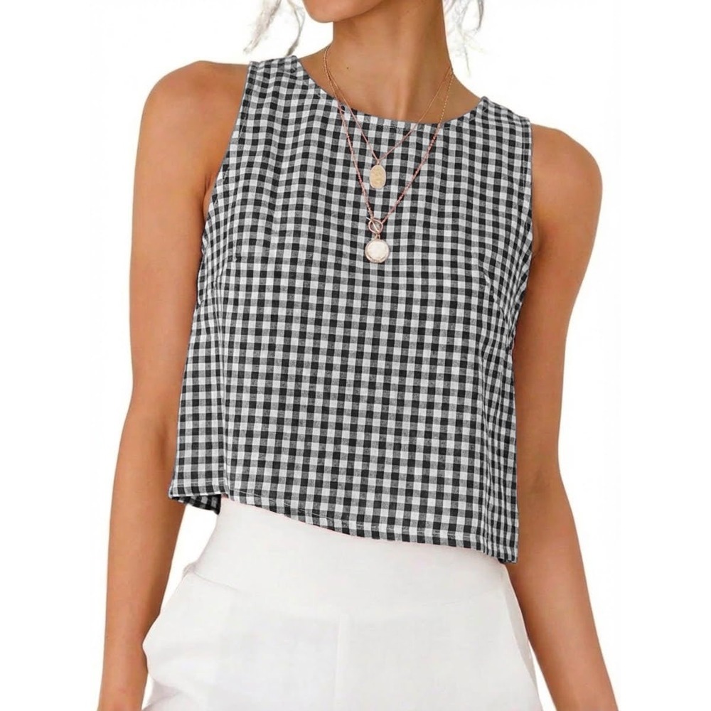 NWT IDEALSANXUN Black White Gingham Linen Blend Crop Tank Top Women's Small